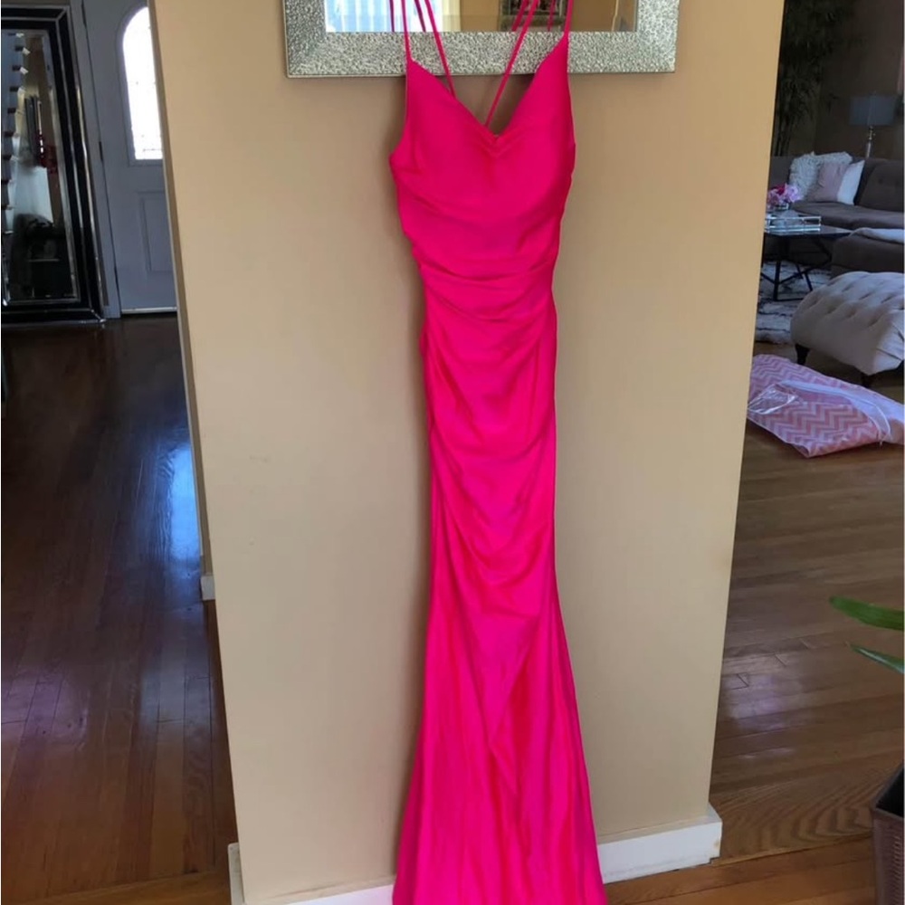 La Femme Hot Pink Backless Gown